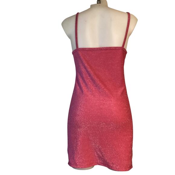 5069 NWT 5B Style Sparkly Disco Bodycon Mini Dress Spaghetti Straps Pink Large - Picture 4 of 7